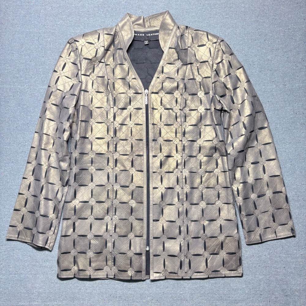 Image Metallic Laser Cut Genuine Leather Jacket S Rhinestone Zipper Avant Garde